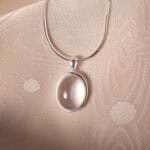Close-up of moonstone pendant details with iridescent sheen