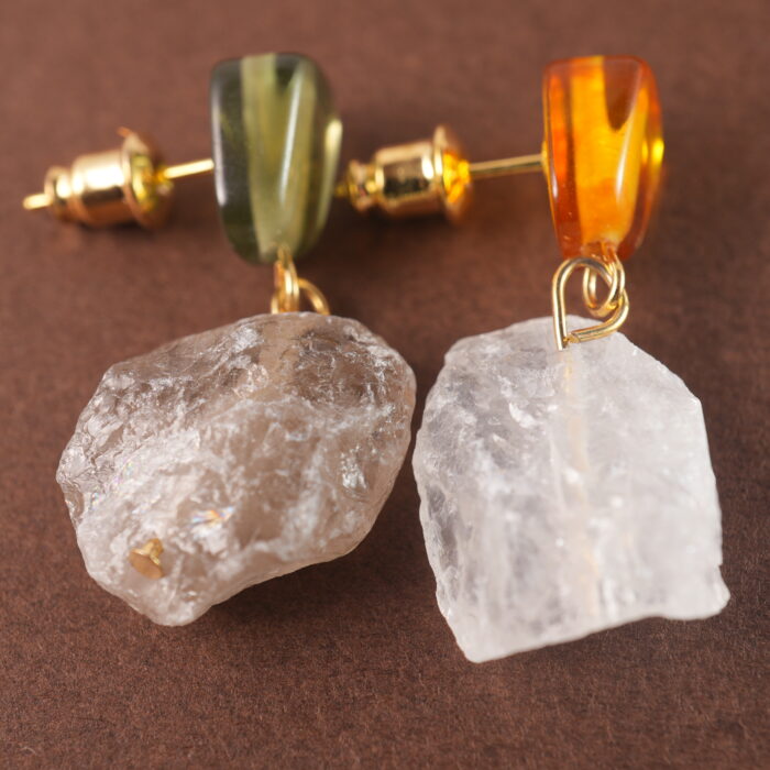 Close-up of the earrings showing the raw quartz texture and delicate craftsmanship.