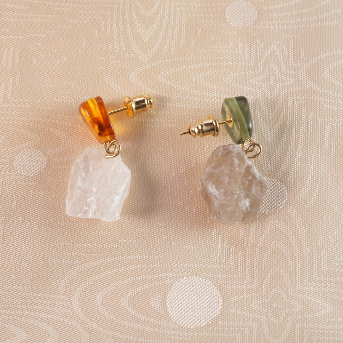 Close-up of the earrings showing the raw quartz texture and delicate craftsmanship.