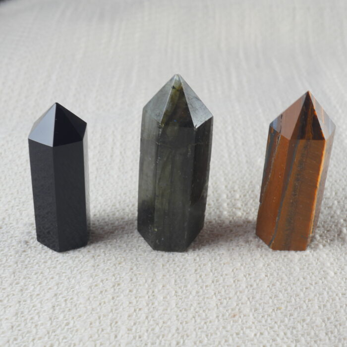 Crystal tower set of obsidian, tiger eye, and labradorite gemstone points for protection, prosperity, and intuition
