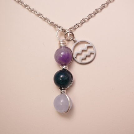 Aquarius zodiac necklace with amethyst, blue apatite, and aquamarine gemstones.