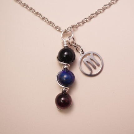 Scorpio zodiac necklace with obsidian, lapis lazuli, and garnet gemstones.
