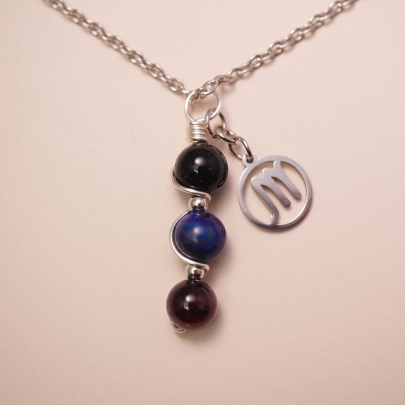 Scorpio zodiac necklace with obsidian, lapis lazuli, and garnet gemstones.