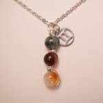 Gemini zodiac necklace with moss agate, tiger eye, and citrine gemstones.