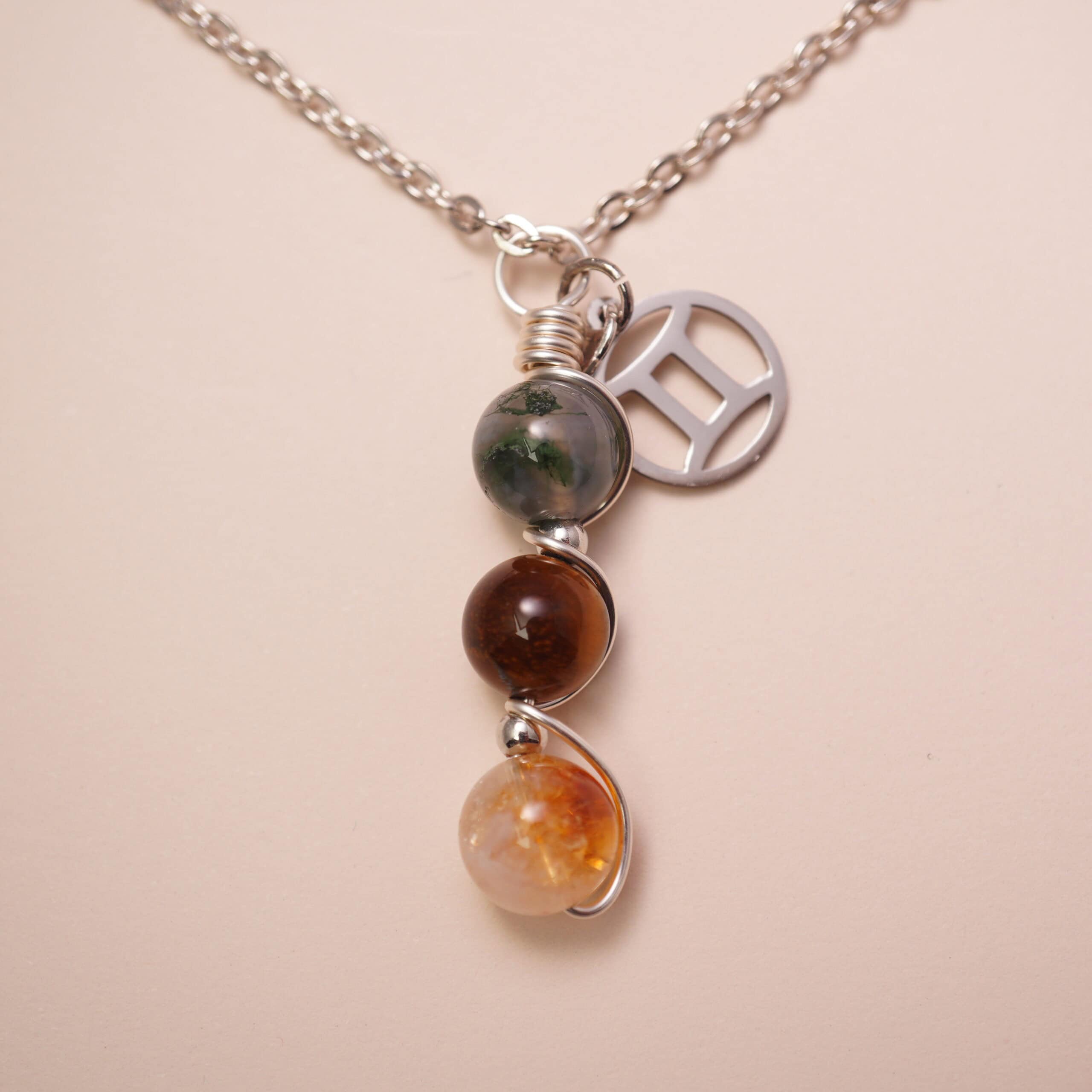 gemini-zodiac-necklace-moss-agate-tiger-eye-citrine-main Gemini zodiac necklace with moss agate, tiger eye, and citrine gemstones.