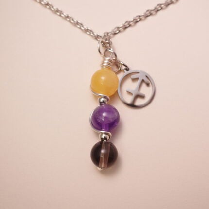 Sagittarius zodiac necklace with yellow chalcedony, amethyst, and smoky quartz gemstones.