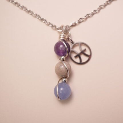 Pisces zodiac necklace with amethyst, crazy agate, and aquamarine gemstones.