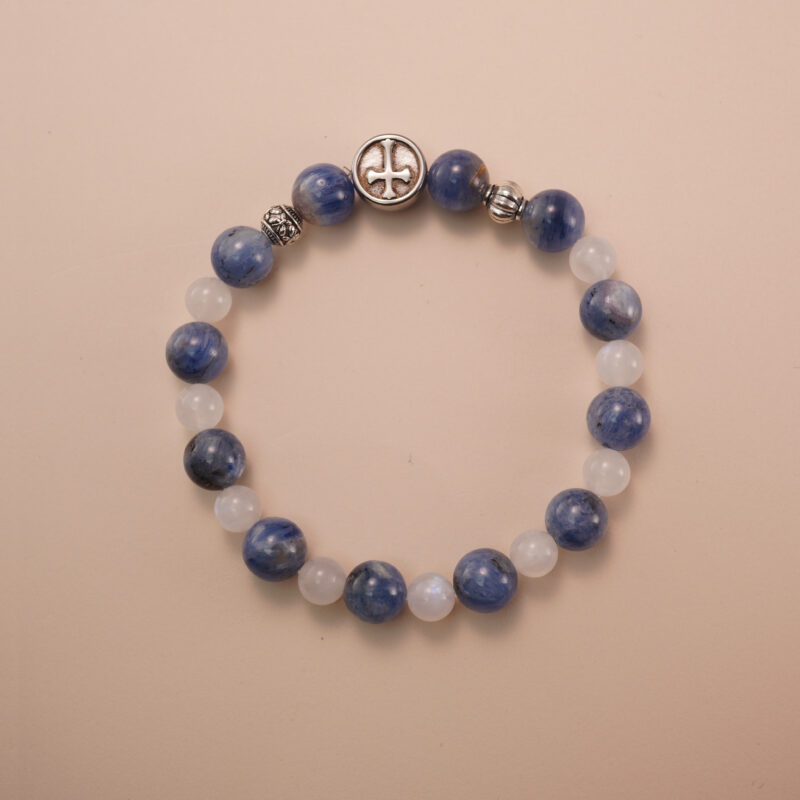 Kyanite and moonstone bracelet with silver accent beads, photographed under soft daylight on a neutral background.