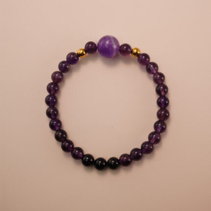 Amethyst and black tourmaline bracelet with gold accent beads, photographed under soft daylight on a neutral background.
