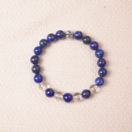 Lapis lazuli and clear quartz bracelet with silver accent, symbolizing calmness, clarity, and open communication.