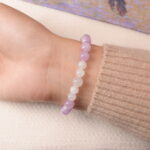 Back view of kunzite and moonstone bracelet showing its soft luster and pastel tones.