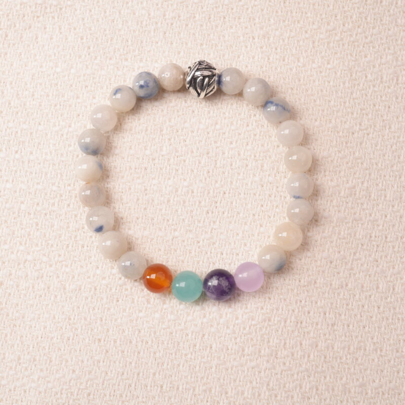 Jade energy bracelet featuring smooth natural jade beads with subtle colorful accents for harmony and balance.