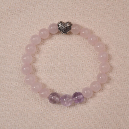 Tranquil Love bracelet featuring Rose Quartz, Amethyst, and a Heart Silver charm, designed to bring calm and love.