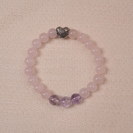 Tranquil Love bracelet featuring Rose Quartz, Amethyst, and a Heart Silver charm, designed to bring calm and love.