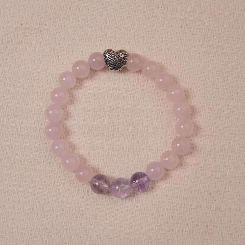 Tranquil Love bracelet featuring Rose Quartz, Amethyst, and a Heart Silver charm, designed to bring calm and love.
