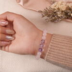Back view of the Tranquil Love bracelet, highlighting the combination of Rose Quartz, Amethyst, and the Heart Silver charm.