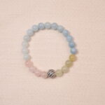 Tranquil Harmony bracelet with aquamarine, rose quartz, and green jade beads, featuring a silver accent bead in the center.