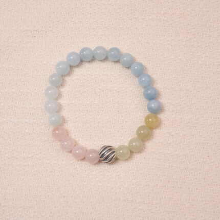 Tranquil Harmony bracelet with aquamarine, rose quartz, and green jade beads, featuring a silver accent bead in the center.