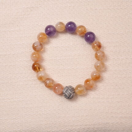 Citrine and amethyst bracelet featuring natural golden and purple beads, symbolizing wealth and wisdom.