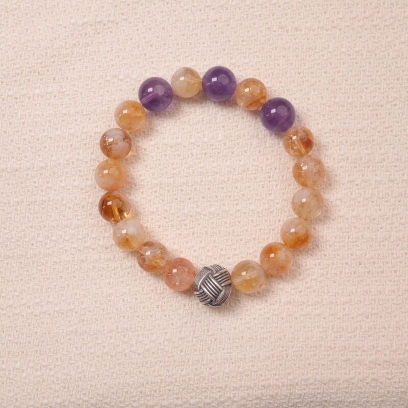 Citrine and amethyst bracelet featuring natural golden and purple beads, symbolizing wealth and wisdom.