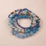 Communication intention bracelet stack with ocean-blue gemstones, symbolizing clarity, calm, and confident expression.