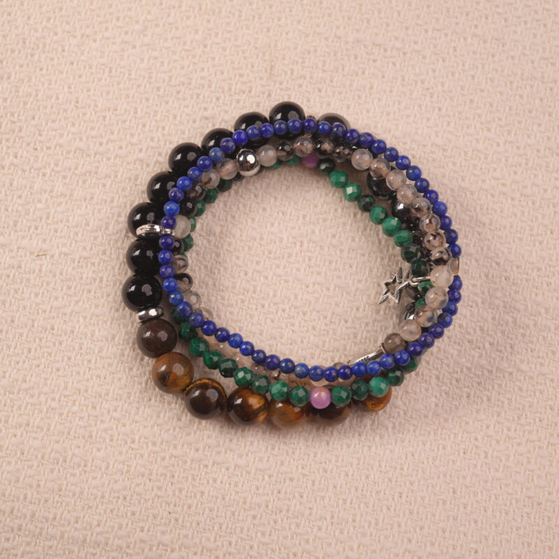 Protection crystal bracelet stack designed for grounding, strength, and emotional balance.