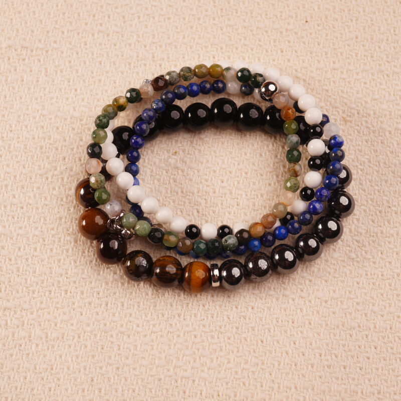 Midnight Guardian protection bracelet stack designed to ground your energy and shield from negativity
