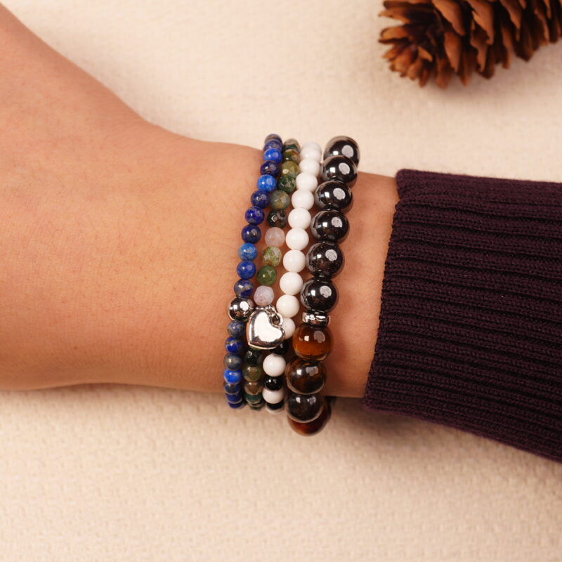 Model wearing the Midnight Guardian bracelet stack — a symbol of calm strength and inner protection.1