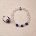 A stunning set featuring a Lapis Lazuli and Moonstone bracelet paired with a Lapis Lazuli ring. The bracelet combines smooth Moonstone beads with deep blue Lapis Lazuli, highlighted by intricate silver accents. The matching ring complements the bracelet with a bold Lapis Lazuli centerpiece encircled by sparkling details, creating a harmonious and elegant look.
