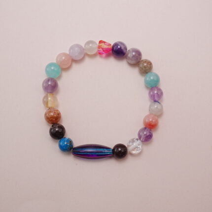 Colorful multi-gemstone beaded bracelet featuring mixed natural stones such as amethyst, rose quartz, clear quartz, agate, aventurine, and blue sodalite.