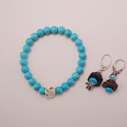 Turquoise Bracelet with Red Agate and Tiger's Eye Earrings Set - Main Image
