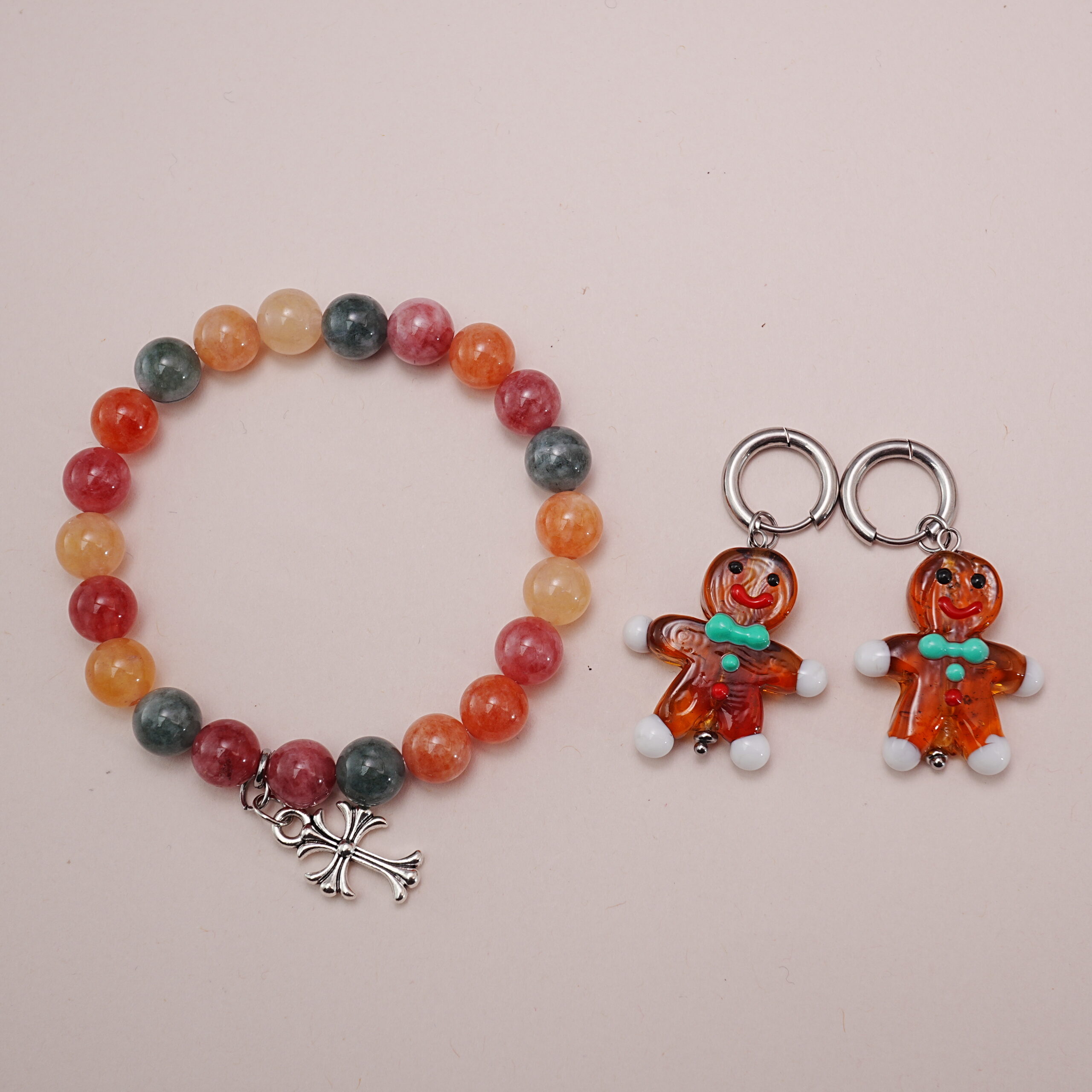 multicolor-chalcedony-gingerbread-man-earring-bracelet-set-main Multicolor Chalcedony Bracelet with Gingerbread Man Earrings Set - Main Image