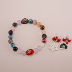 Multi-Gemstone Bracelet with Christmas Snowflake and Red Bow Earrings Set - Main Image