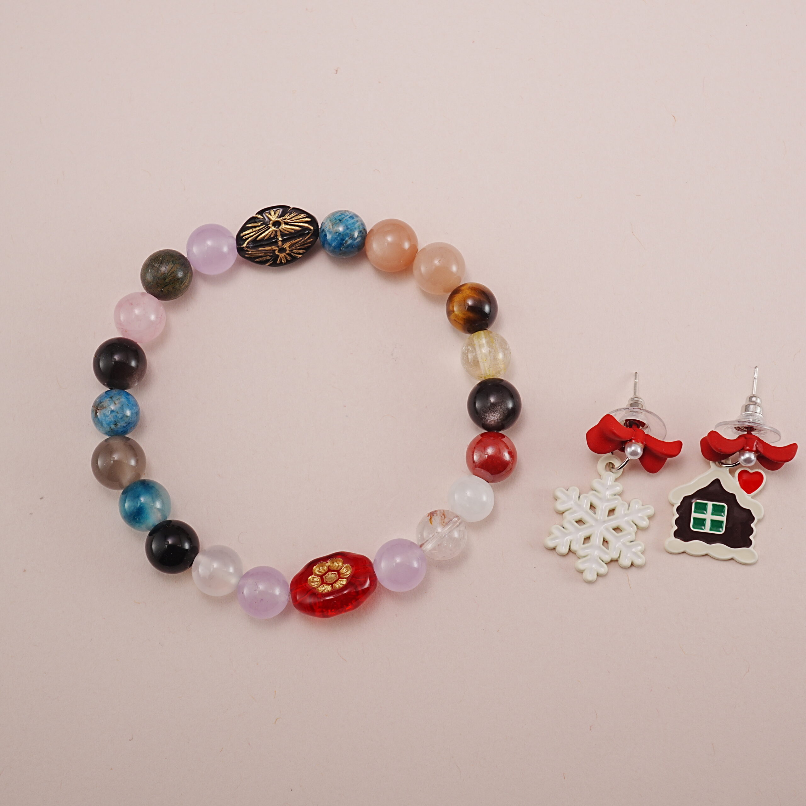 multi-gemstone-bracelet-christmas-snowflake-red-bow-earrings-set-main Multi-Gemstone Bracelet with Christmas Snowflake and Red Bow Earrings Set - Main Image
