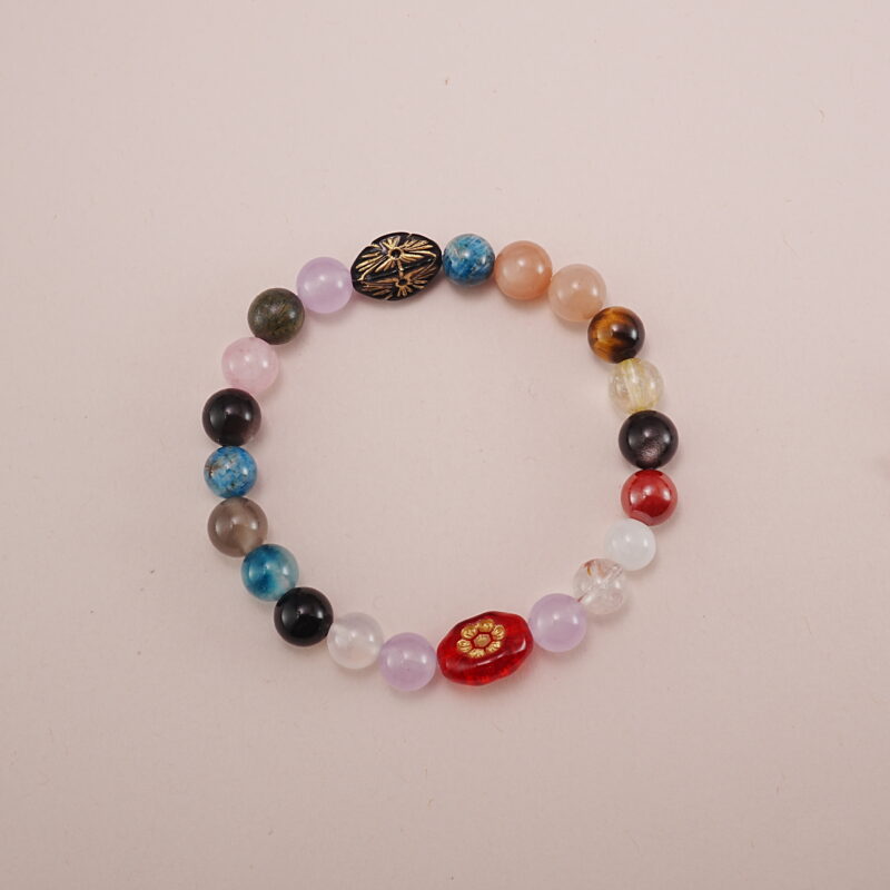 A beautiful Multi-Gemstone bracelet featuring a variety of stones, including Tiger’s Eye, Amethyst, Agate, and others, with an intricately designed charm in the center. This bracelet combines vibrant colors and unique textures to create a one-of-a-kind accessory.