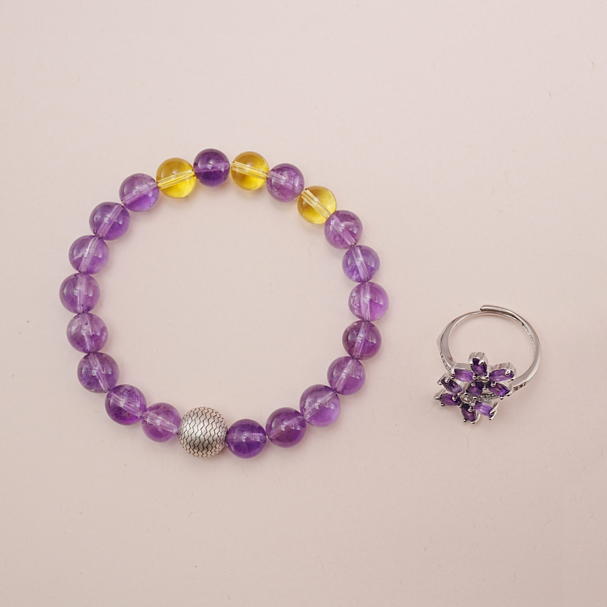 amethyst-citrine-bracelet-amethyst-flower-adjustable-ring-set-main Amethyst and Citrine Bracelet with Amethyst Flower Adjustable Ring Set - Main Image