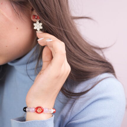 Model Wearing Multi-Gemstone Bracelet with Christmas Snowflake and Red Bow Earrings Set - Wear Image