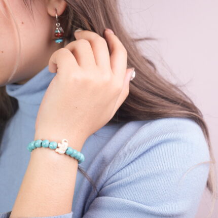 Model Wearing Turquoise Bracelet with Red Agate and Tiger's Eye Earrings Set - Wear Image