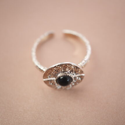 Silver evil eye adjustable ring featuring an obsidian center stone for grounding and protection.