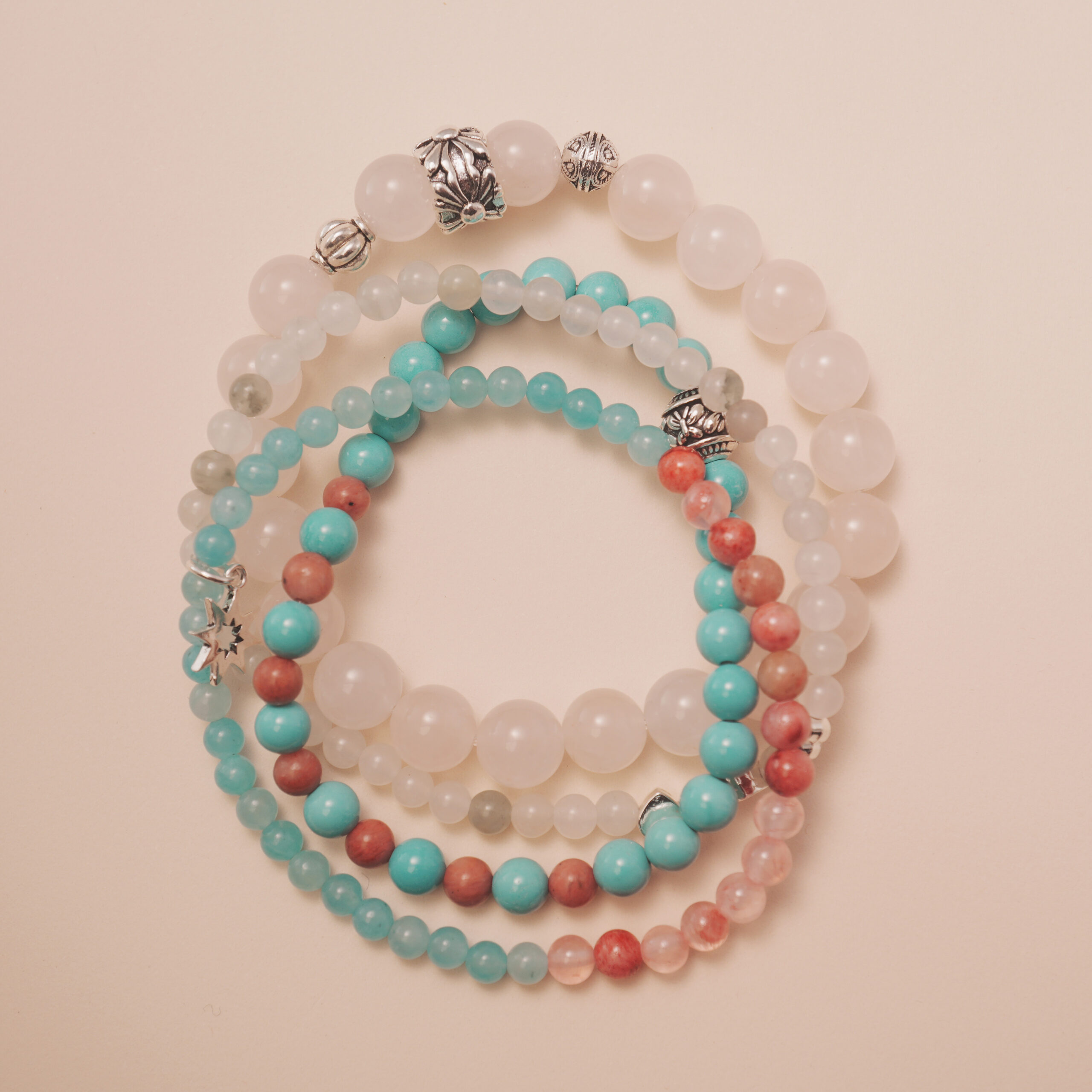 love-crystal-bracelet-stack-main.jpg Love crystal bracelet stack designed to open the heart and bring gentle, loving energy.