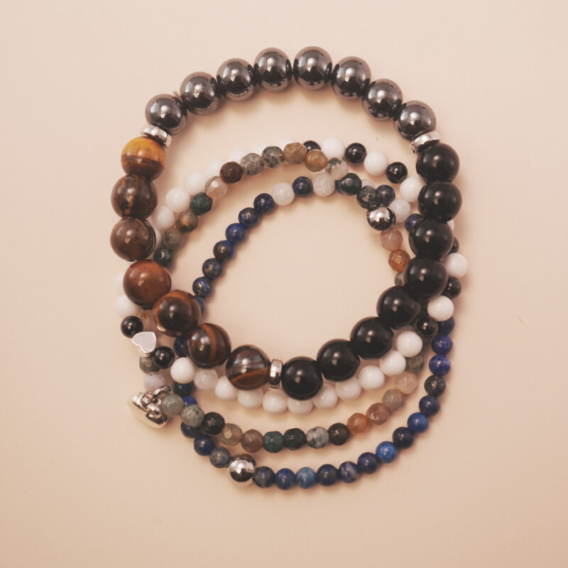 Midnight Guardian protection bracelet stack designed to ground your energy and shield from negativity
